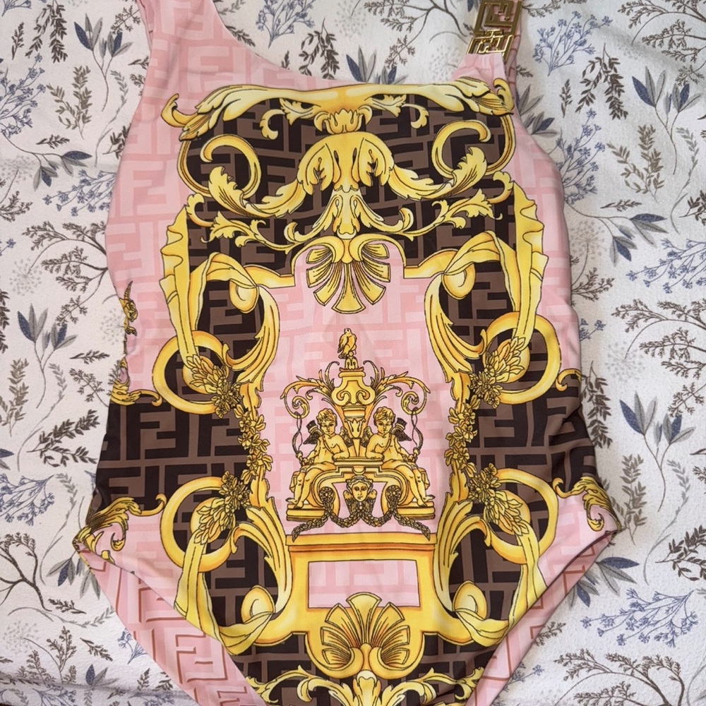 Versace Pink and Gold Ornate Swimsuit